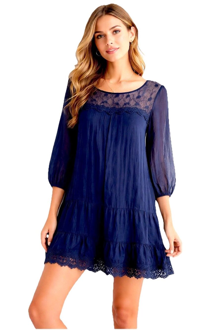 Prontomoda Giusy 100% Silk Lace Boho Mini Dress Navy Blue Small Made Italy NWT